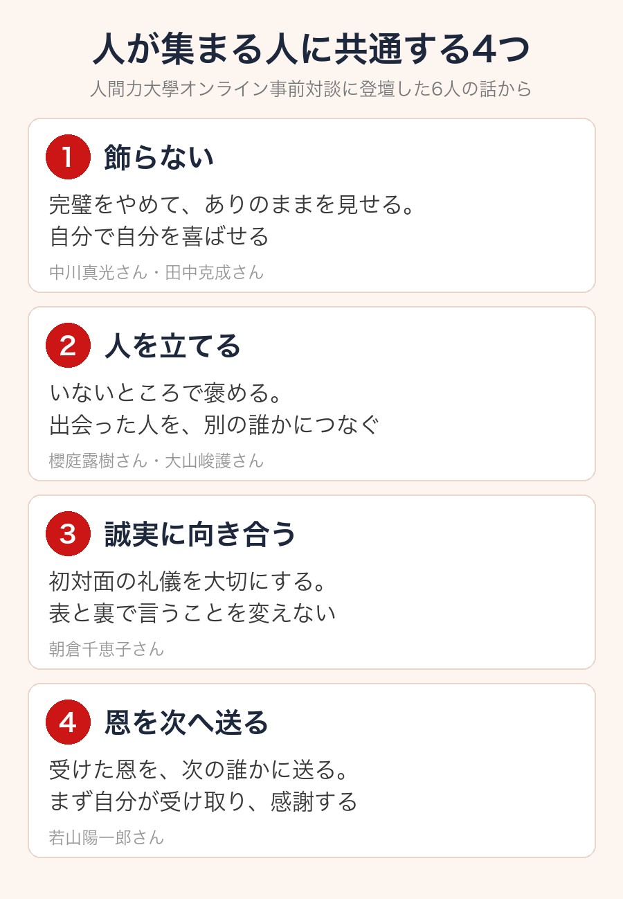 人が集まる人に共通する4つ(飾らない・人を立てる・誠実に向き合う・恩を次へ送る)