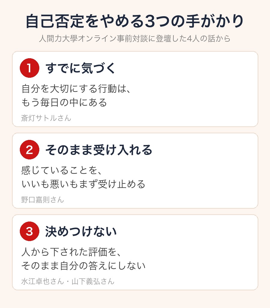 自己否定をやめる3つの手がかり（気づく・受け入れる・決めつけない）