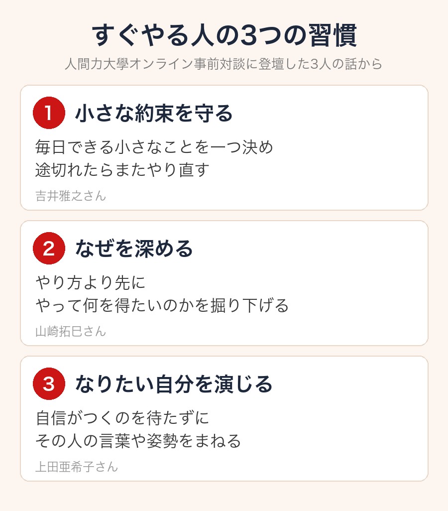 すぐやる人に近づく3つの習慣(小さな約束を守る・なぜを深める・なりたい自分を演じる)